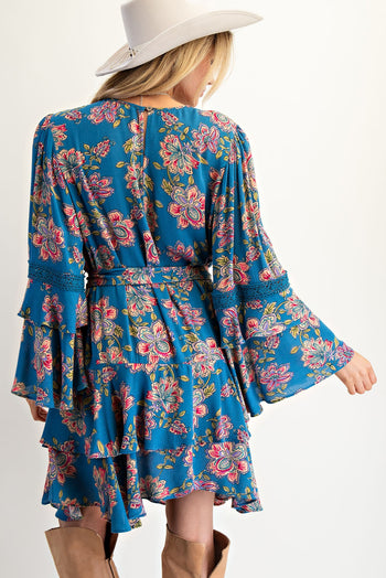 Easel Exclusive Floral Print Mini Dress in Teal