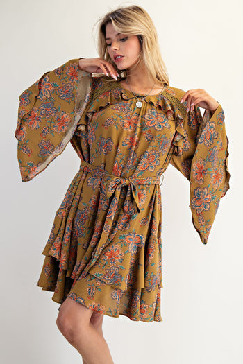 Easel Exclusive Floral Print Mini Dress in Martini Olive