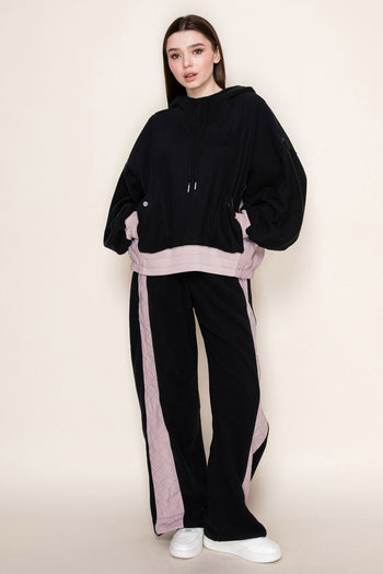 White Birch Contrasting Fleece and Quilted Knit Top in Black