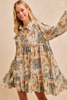 BiBi Floral Paisley Print Half Button Front Mini Dress in Butter/Ginger Multi