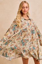 Load image into Gallery viewer, BiBi Floral Paisley Print Half Button Front Mini Dress in Butter/Ginger Multi
