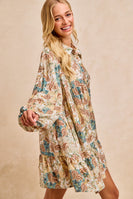 BiBi Floral Paisley Print Half Button Front Mini Dress in Butter/Ginger Multi