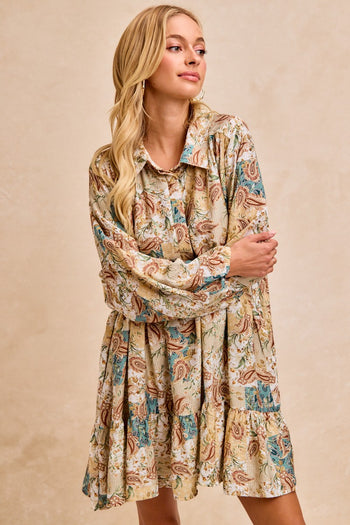 BiBi Floral Paisley Print Half Button Front Mini Dress in Butter/Ginger Multi