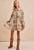 BiBi Floral Paisley Print Half Button Front Mini Dress in Butter/Ginger Multi