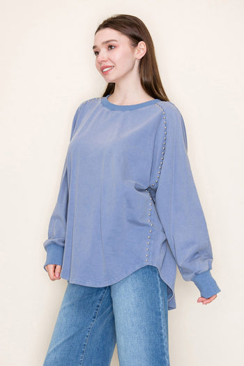 White Birch Solid Color Studded Top in Washed Slate