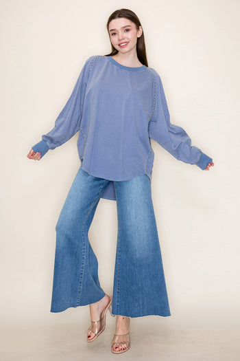 White Birch Solid Color Studded Top in Washed Slate