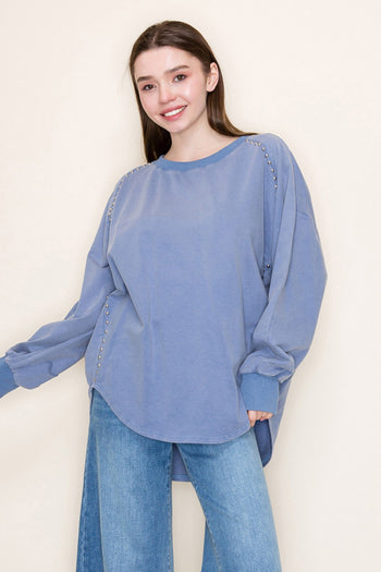 White Birch Solid Color Studded Top in Washed Slate