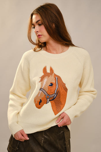 Blue B Embroidered Horse Patched Knit Sweater in Cream