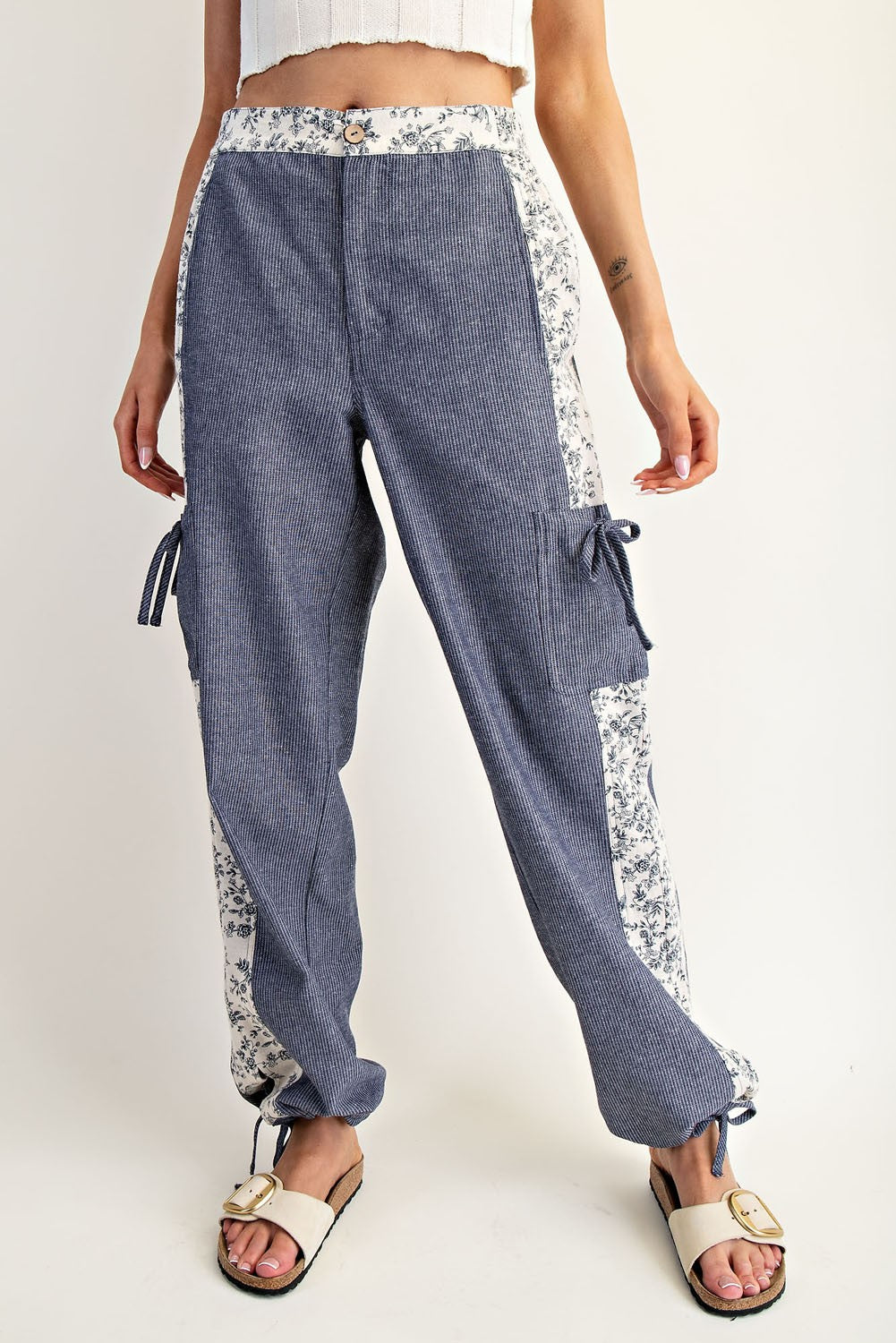 ee:some Pinstripe and Floral Color Block Pants in Denim Blossom