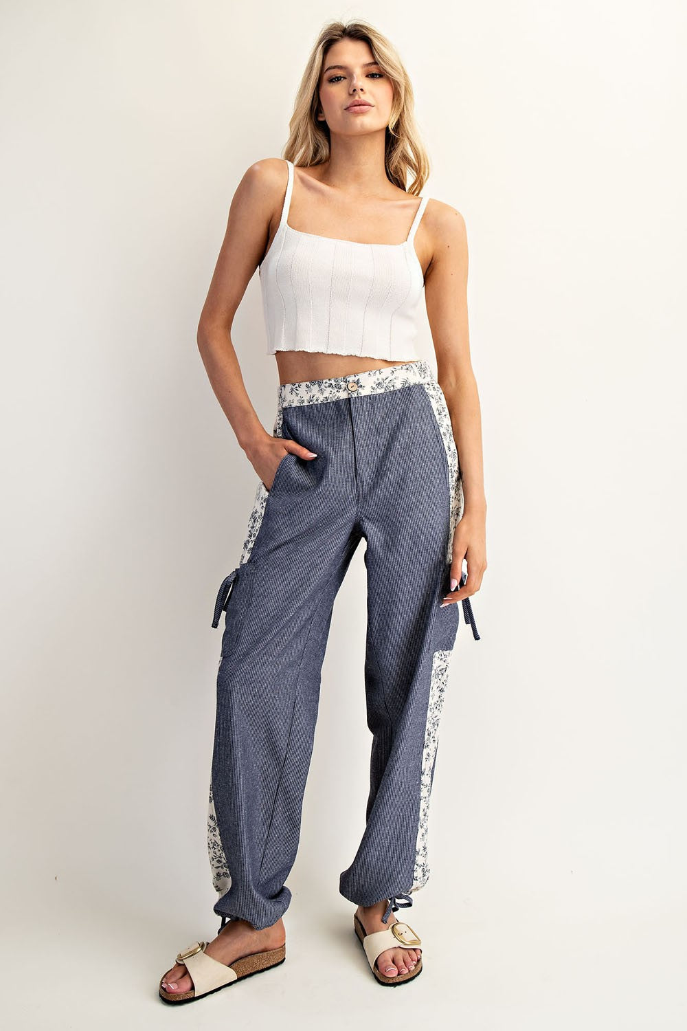 ee:some Pinstripe and Floral Color Block Pants in Denim Blossom