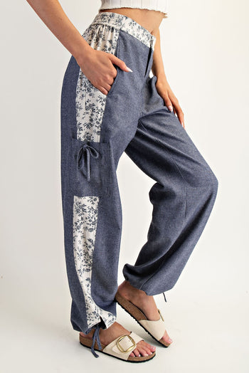 ee:some Pinstripe and Floral Color Block Pants in Denim Blossom
