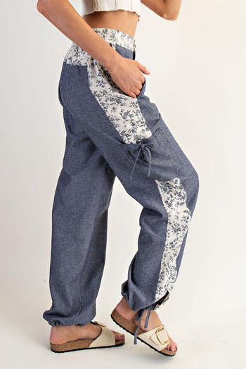 ee:some Pinstripe and Floral Color Block Pants in Denim Blossom