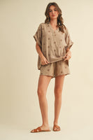 Klesis Solid Color Gauze Set with Floral Embroidery in Mocha