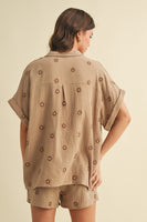 Klesis Solid Color Gauze Set with Floral Embroidery in Mocha