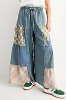 Easel Mineral Washed Denim Patchwork Detailed Palazzo Pants in Washed Denim