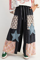 Easel Mineral Washed Denim Patchwork Detailed Palazzo Pants in Black Denim