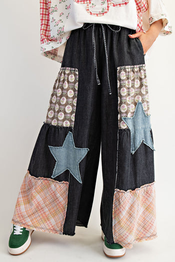 Easel Mineral Washed Denim Patchwork Detailed Palazzo Pants in Black Denim