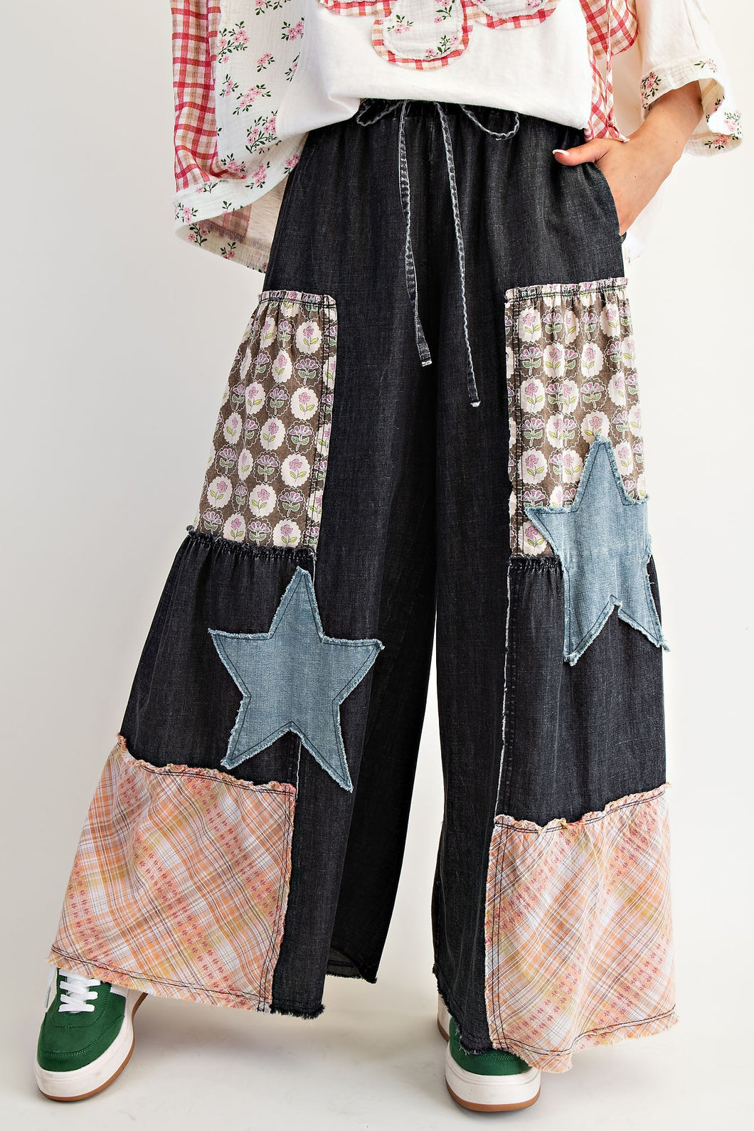 Easel Mineral Washed Denim Patchwork Detailed Palazzo Pants in Black Denim