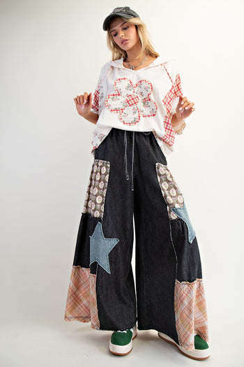 Easel Mineral Washed Denim Patchwork Detailed Palazzo Pants in Black Denim