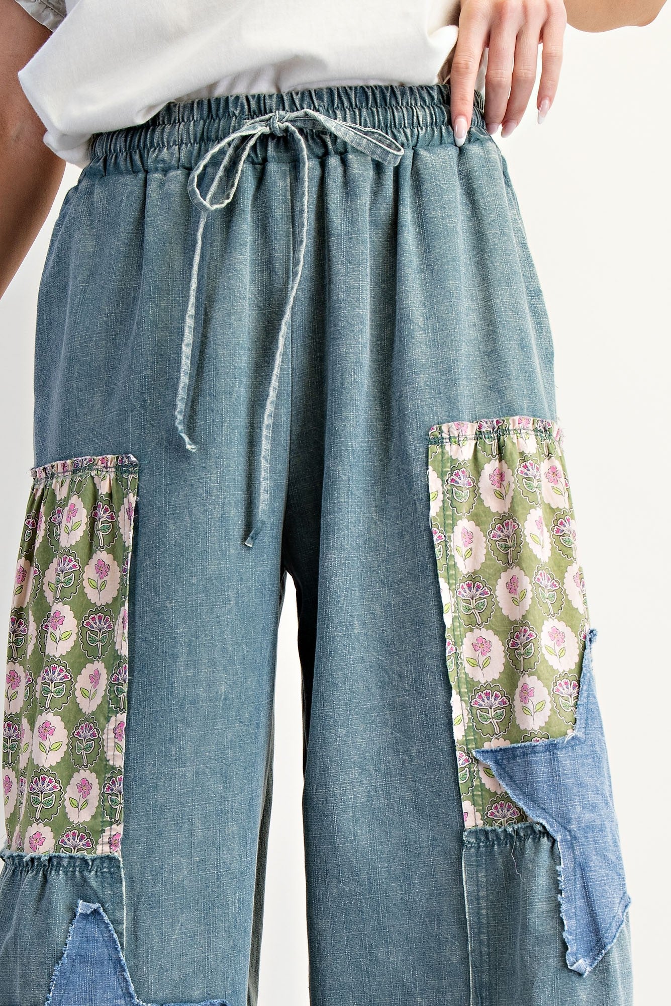 Easel Mineral Washed Denim Patchwork Detailed Palazzo Pants in
