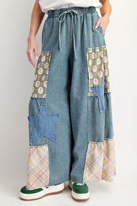 Easel Mineral Washed Denim Patchwork Detailed Palazzo Pants in