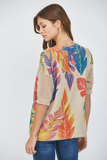 FATE Tropical Print Open Knit Sweater in Taupe