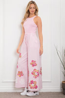 BlueVelvet Mixed Media and Layered Flower Patch Detailed Jumpsuit in Pink