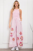 BlueVelvet Mixed Media and Layered Flower Patch Detailed Jumpsuit in Pink
