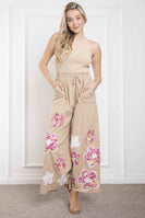 BlueVelvet Mixed Media and Layered Flower Patch Detailed Jumpsuit in Taupe