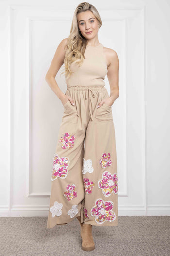 BlueVelvet Mixed Media and Layered Flower Patch Detailed Jumpsuit in Taupe