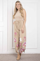 BlueVelvet Mixed Media and Layered Flower Patch Detailed Jumpsuit in Taupe