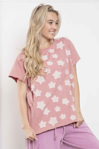 BlueVelvet Mineral Washed Small Star Patched Top in Pink