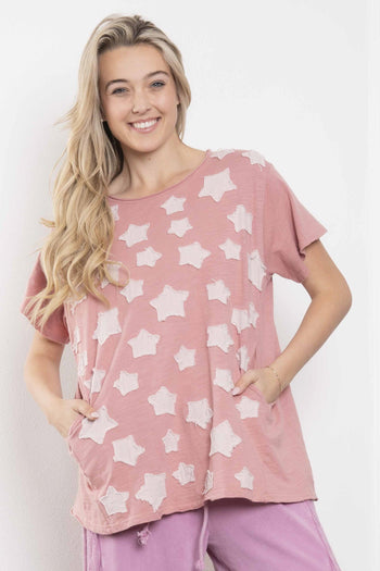 BlueVelvet Mineral Washed Small Star Patched Top in Pink