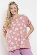 BlueVelvet Mineral Washed Small Star Patched Top in Pink