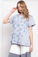 BlueVelvet Mineral Washed Small Star Patched Top in Dusty Sky
