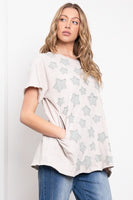 BlueVelvet Mineral Washed Small Star Patched Top in Sand