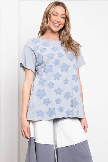 BlueVelvet Mineral Washed Small Star Patched Top in Dusty Sky