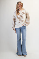 Easel Terry Knit Top with Striped Puff Sleeves and Front Bow Patch in Ivory