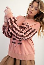 Load image into Gallery viewer, Easel Terry Knit Top with Striped Puff Sleeves and Front Bow Patch in Mauve
