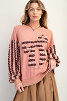 Easel Terry Knit Top with Striped Puff Sleeves and Front Bow Patch in Mauve