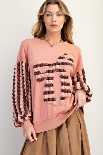 Easel Terry Knit Top with Striped Puff Sleeves and Front Bow Patch in Mauve