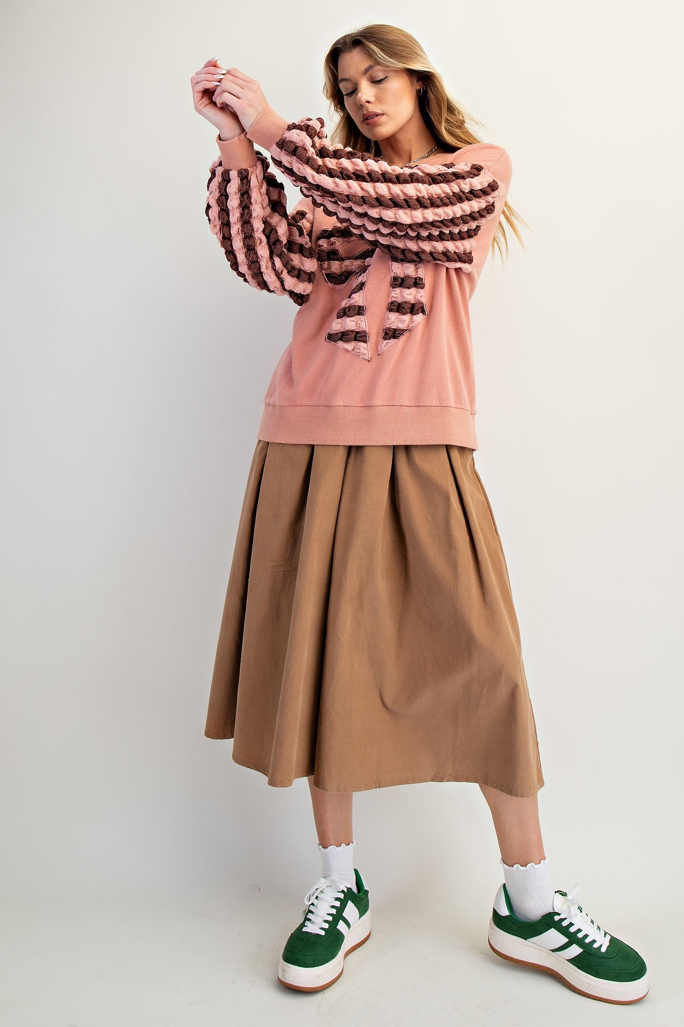 Easel Terry Knit Top with Striped Puff Sleeves and Front Bow Patch