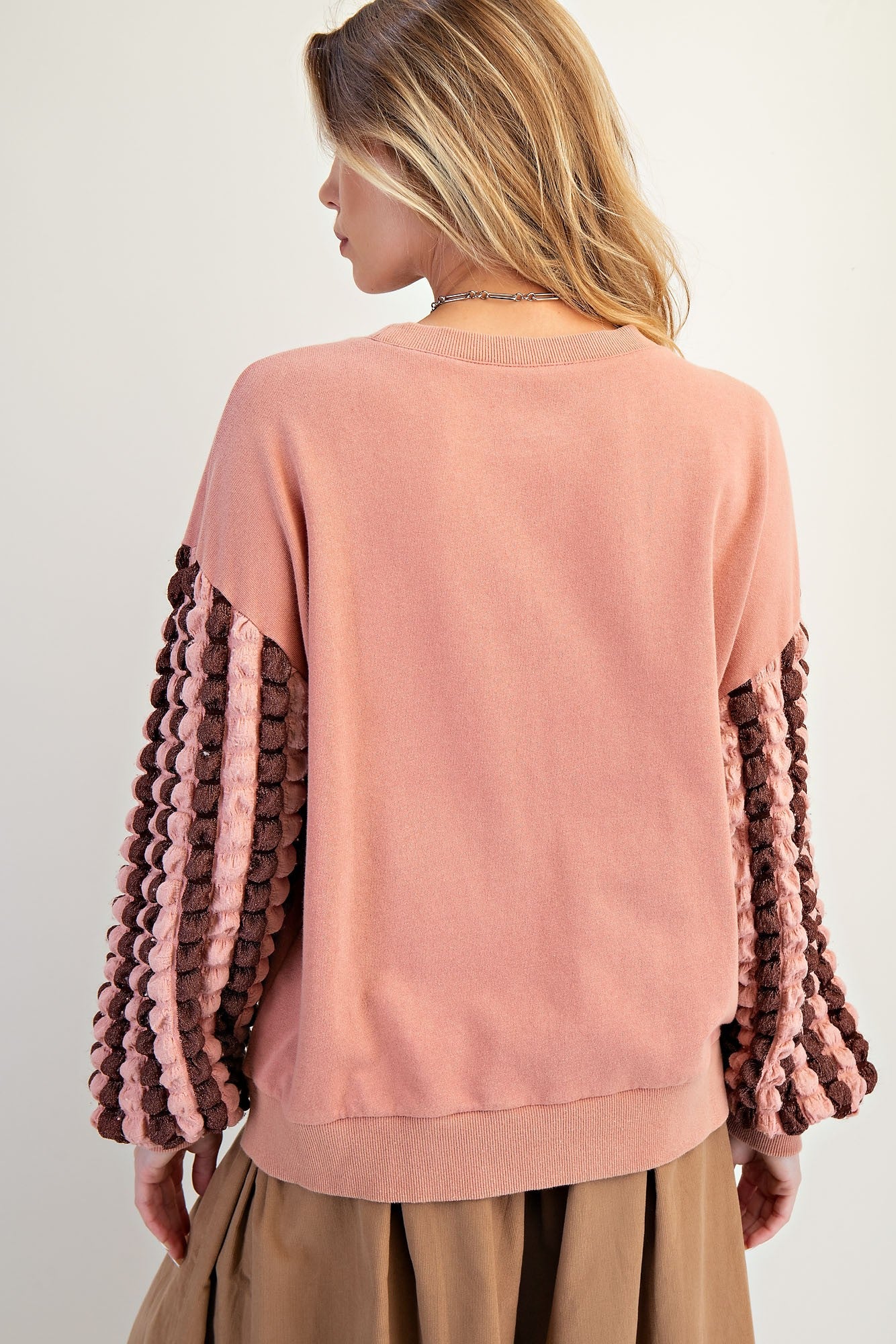 Easel Terry Knit Top with Striped Puff Sleeves and Front Bow Patch