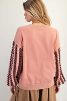Easel Terry Knit Top with Striped Puff Sleeves and Front Bow Patch in Mauve