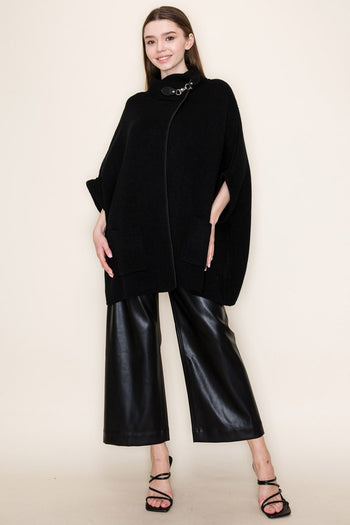 White Birch OVERSIZED Sweater Knit Poncho Top in Black