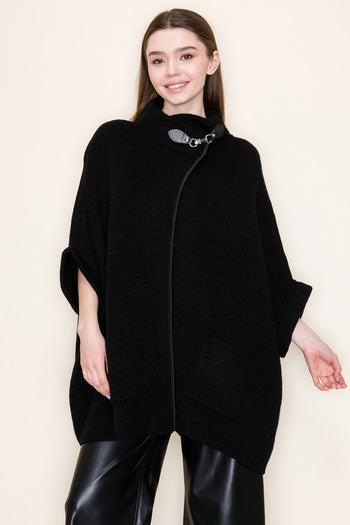 White Birch OVERSIZED Sweater Knit Poncho Top in Black