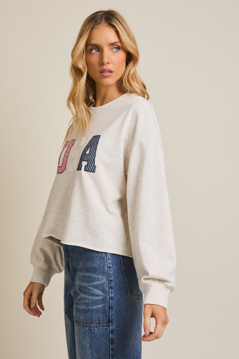 Gilli CROPPED Mix Print USA Patched Sweatshirt in Light Heather Grey