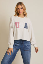 Load image into Gallery viewer, Gilli CROPPED Mix Print USA Patched Sweatshirt in Light Heather Grey
