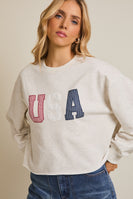 Gilli CROPPED Mix Print USA Patched Sweatshirt in Light Heather Grey