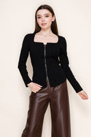 White Birch FITTED Ribbed Knit Front Zip Top in Black